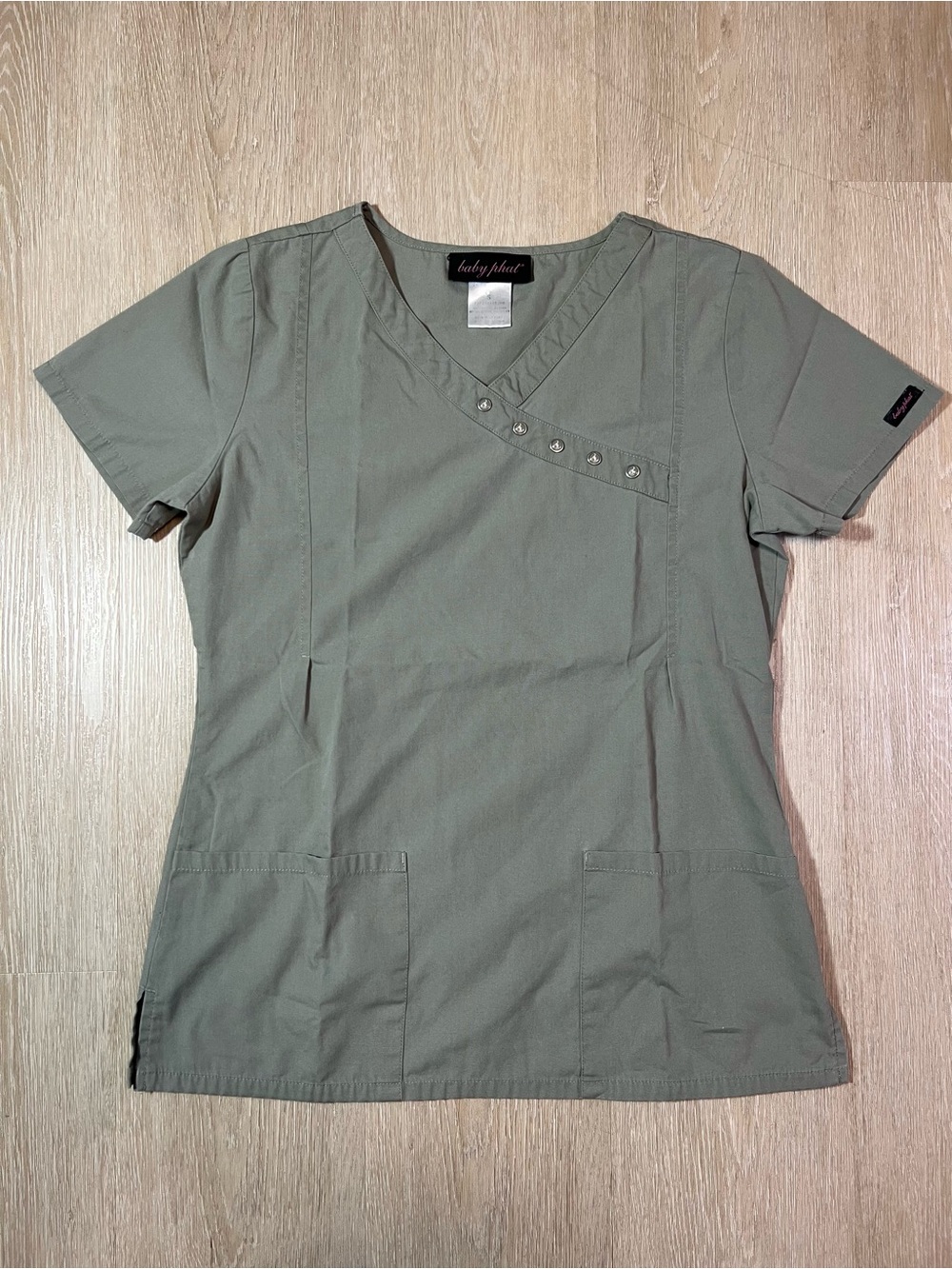 Baby Phat Women's Small Grayish Muted Olive Green V-Neck Scrub Nurse Uniform Top
